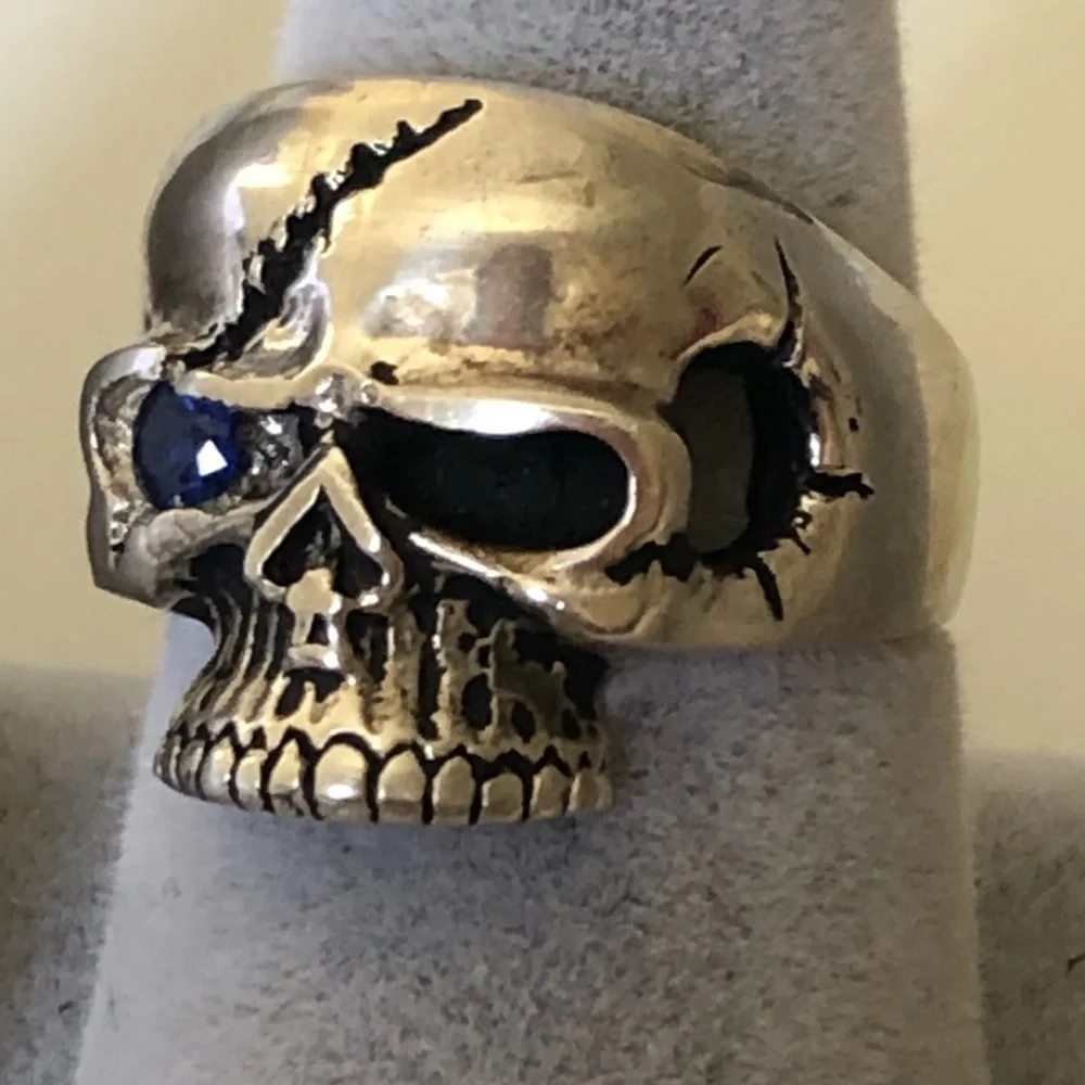 925 silver 11.25 size skull ring biker pirate blue cubic zirconia cz stones eye